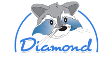 Roynon Racoon mascot head with blue half circle with the word Dimaond in blue at the bottom 